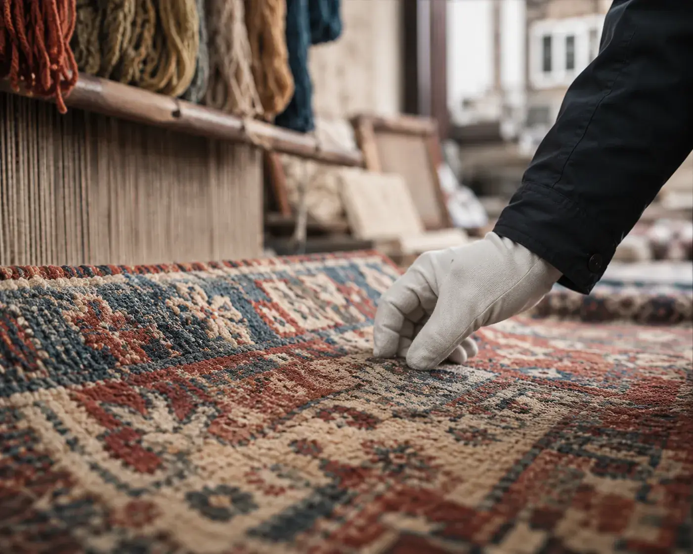 Close-up of a hand-knotted Nepali carpet being inspected for knot density and wool quality