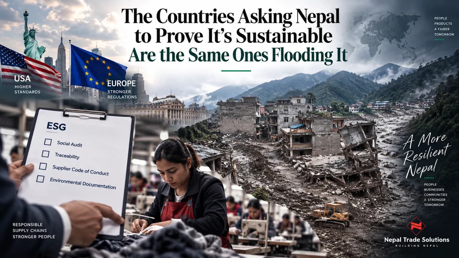 A Himalayan river valley in Nepal, landscape of climate-driven disaster and the rising demands of global ESG compliance