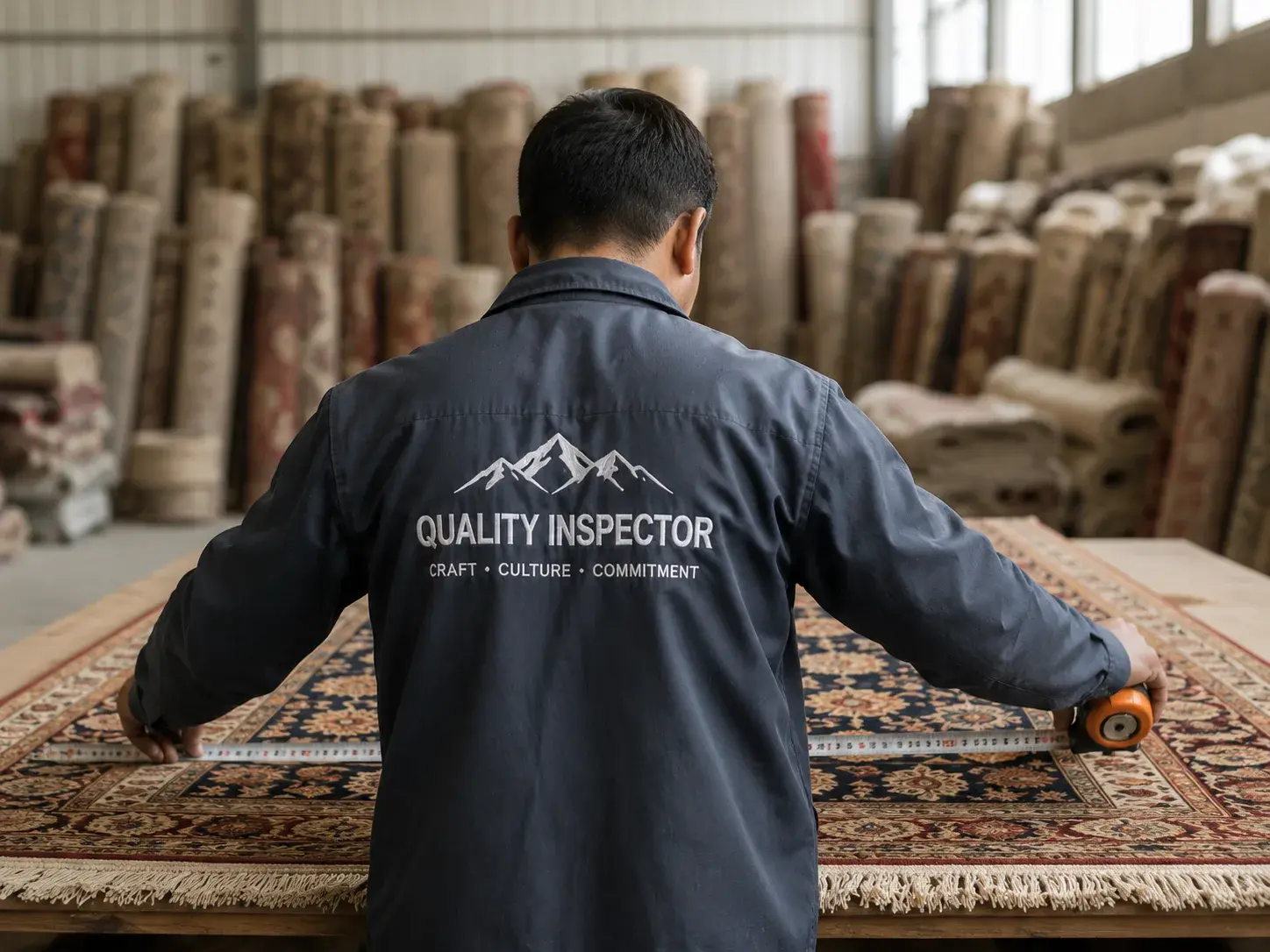 Inspector measuring a hand-knotted carpet during pre-shipment inspection in Nepal